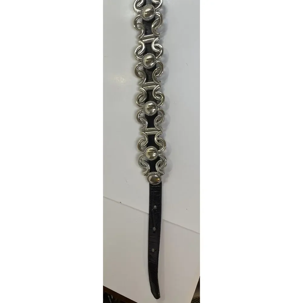 Vintage Accente’ Silver Tone Link Belt Black Leather 32” Small Western Baroque